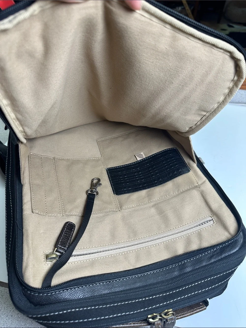 Boconi Black Leather City Backpack, Laptop Case, Travel Bag, Zippered Storage
